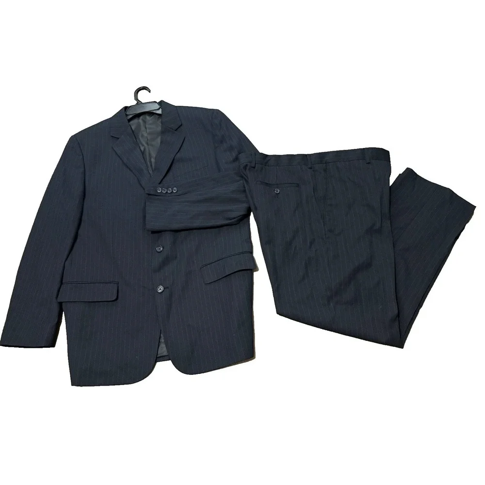 Merona 44R 2PC Suit Blazer Men Pants 36x30 Poly Blend Deep Navy Blue Gray Stripe